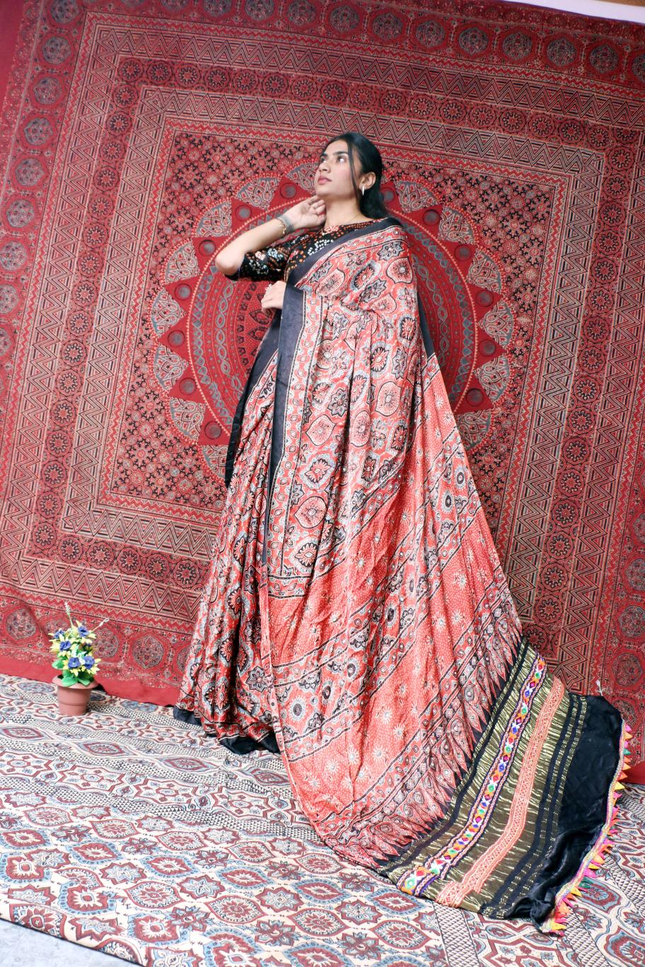 coral pink & charcoal pure modal silk ajrakh hand block printed saree coral pink & charcoal pure modal silk ajrakh hand block printed saree