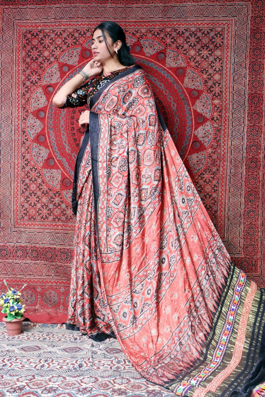 coral pink & charcoal pure modal silk ajrakh hand block printed saree coral pink & charcoal pure modal silk ajrakh hand block printed saree