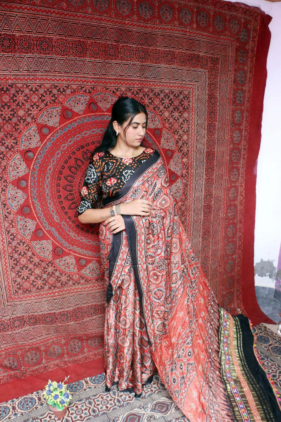 coral pink & charcoal pure modal silk ajrakh hand block printed saree coral pink & charcoal pure modal silk ajrakh hand block printed saree