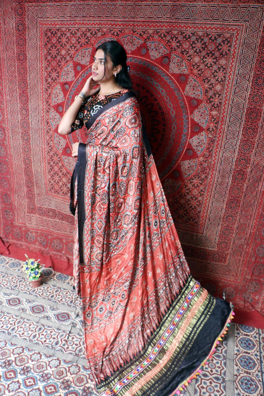 coral pink & charcoal pure modal silk ajrakh hand block printed saree coral pink & charcoal pure modal silk ajrakh hand block printed saree