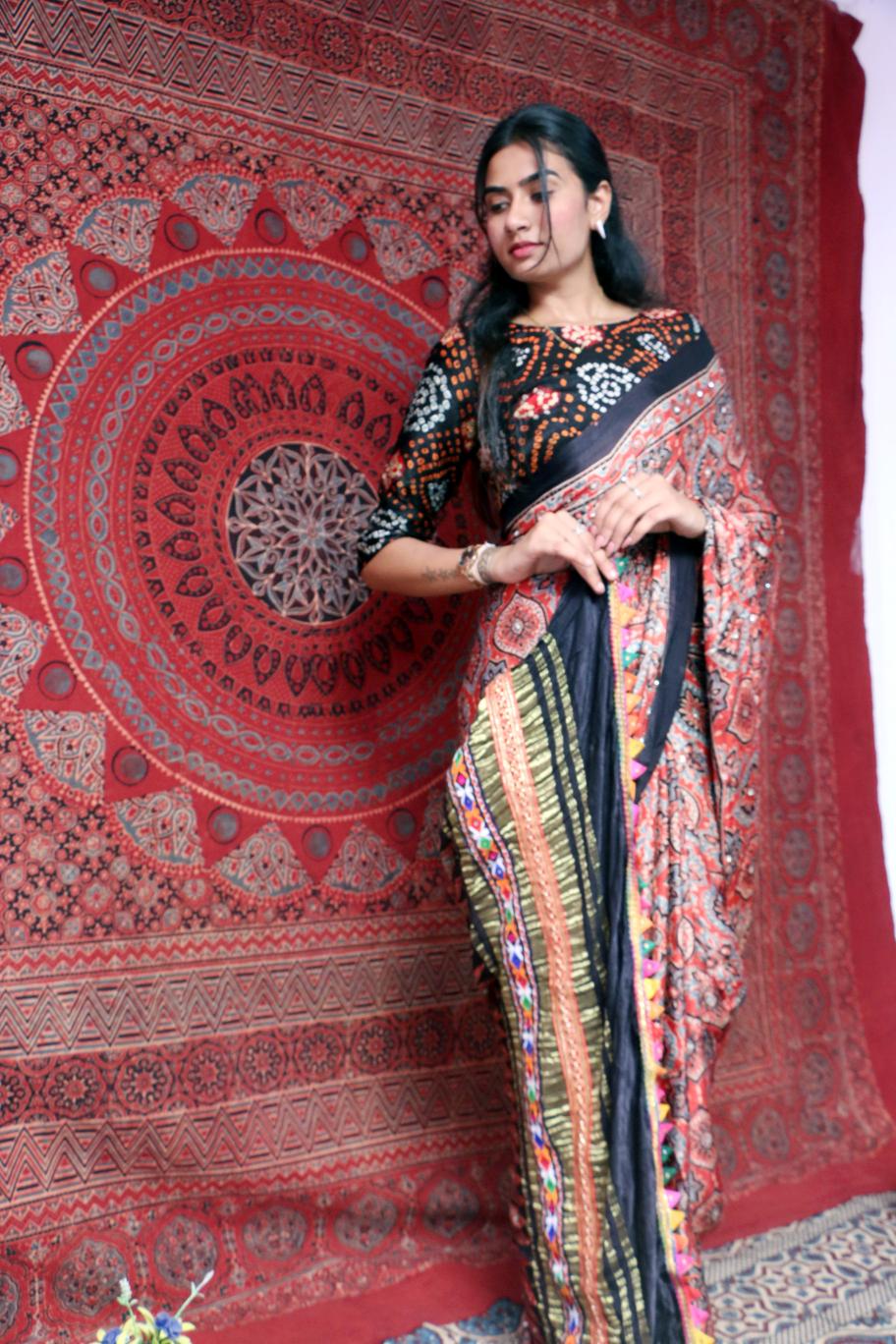 coral pink & charcoal pure modal silk ajrakh hand block printed saree coral pink & charcoal pure modal silk ajrakh hand block printed saree