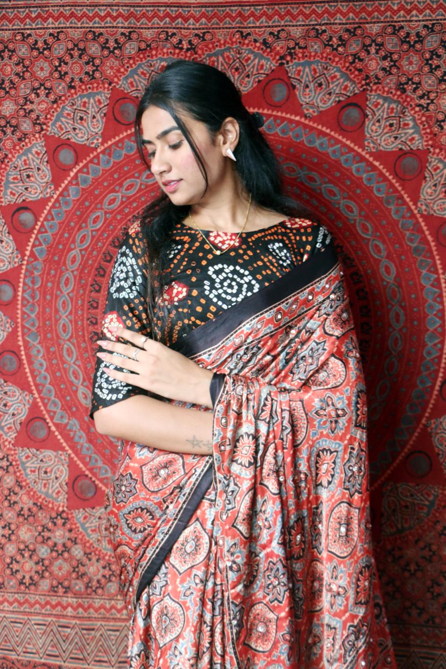 coral pink & charcoal pure modal silk ajrakh hand block printed saree coral pink & charcoal pure modal silk ajrakh hand block printed saree